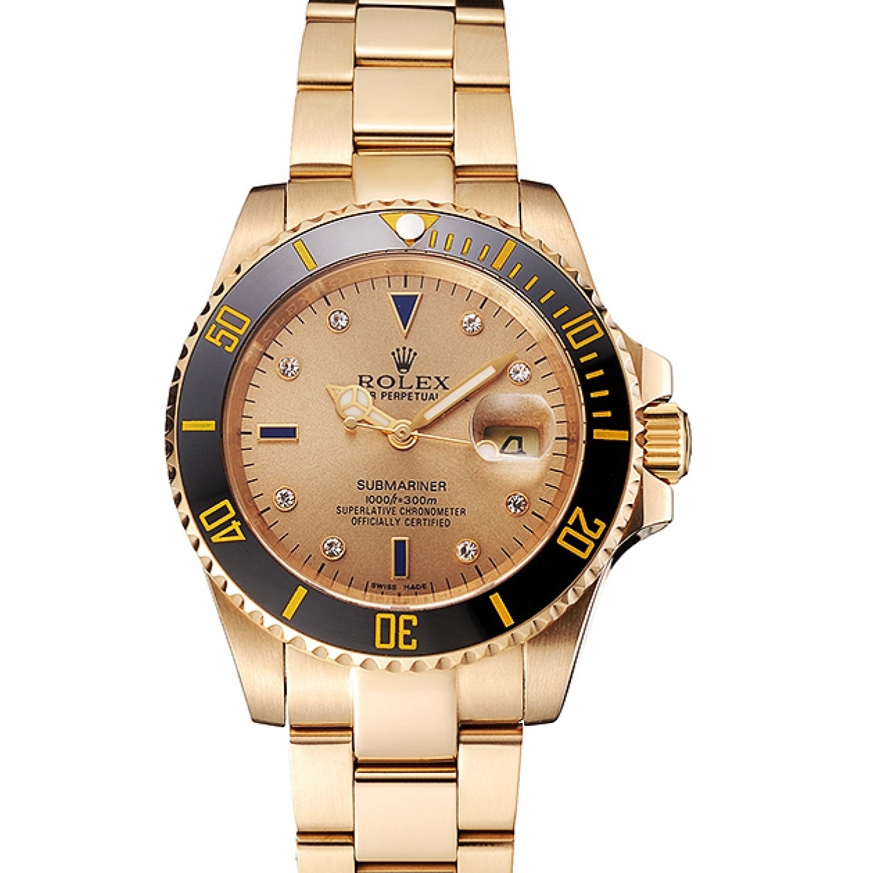 Aaa replica Black Markings Case Submariner Bracelet Bezel Diamond Yellow Dial Rolex Gold Swiss And Gold With 0718